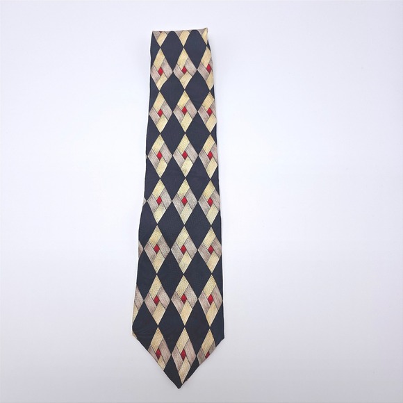Vintage Monsieur Givenchy Mens Silk Diamond Pattern Necktie Black Gold Red - Picture 2 of 6